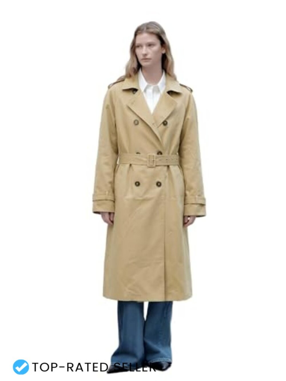 Double Breasted Trench Coat Belted Epaulettes Long Sleeve Cotton